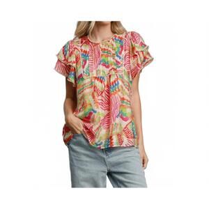 NEW STYLE USA abstract printed double ruffle sleeved top in peach mix
